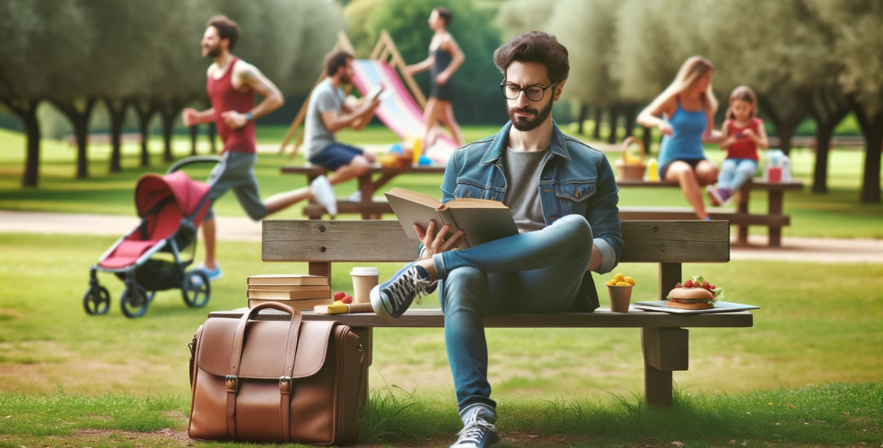 Immagine che raffigura un web designer che fa una pausa dal lavoro. Si trova in un parco, seduto su una panchina, mentre legge un libro. Accanto a lui, c'è una borsa con un laptop. Sullo sfondo, altre persone sono impegnate in diverse attività ricreative, come jogging, pic-nic o gioco con i bambini.