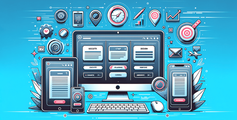 Photo orizzontale che rappresenta l'essenza di un sito web user-friendly. L'immagine mostra un computer desktop, un tablet e uno smartphone affiancati, tutti con una pagina web aperta che ha un design pulito e moderno. Sullo sfondo, icone rappresentanti velocità (un fulmine), design responsivo (diversi tipi di schermi) e un pulsante CTA ben visibile. L'atmosfera generale dell'immagine dovrebbe comunicare efficienza, velocità e facilità d'uso.