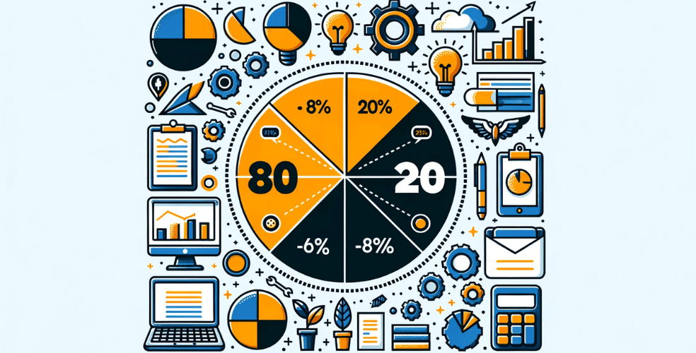 Grafica vettoriale che rappresenta il principio 80/20, con un grafico a torta che mostra la divisione, circondato da icone di web design che illustrano i compiti e gli sforzi.