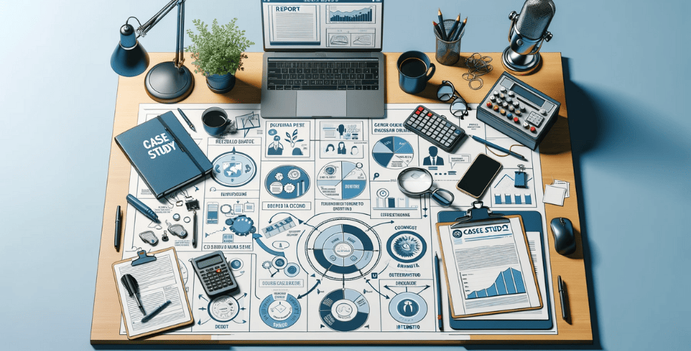 Immagine orizzontale di un ambiente di lavoro organizzato per la creazione di un case study. Elementi chiave sul tavolo includono un report dettagliato, appunti, un microfono per le interviste e un laptop con una schermata di call to action. Sullo sfondo, una lavagna evidenzia le fasi principali della creazione di un case study.