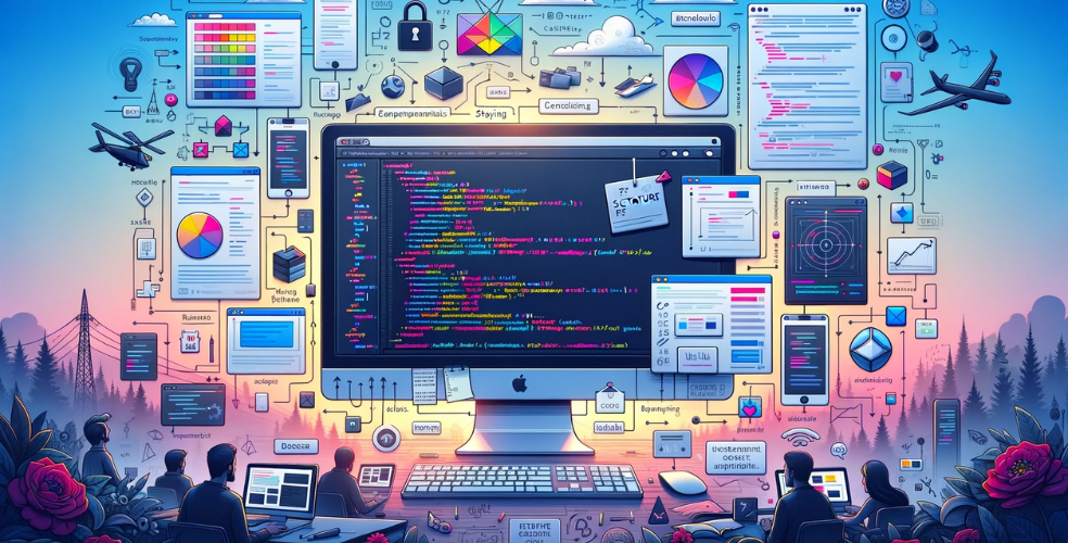 Foto che illustra i concetti di sviluppo front-end. A sinistra vediamo il monitor di un computer che mostra il codice HTML grezzo che rappresenta la struttura di un sito web. Accanto ad esso ci sono campioni di colore ed elementi di design, che simboleggiano il ruolo dei CSS nello stile. Spostandosi a destra, c'è una rappresentazione di interazioni dinamiche, forse pulsanti animati o elementi in movimento, per rappresentare il ruolo di JavaScript nell'interattività. In basso, ci sono icone o piccole immagini di popolari strumenti front-end e framework come Bootstrap e jQuery. Sparse ovunque ci sono piccole note o commenti, che indicano le migliori pratiche e l'importanza di una codifica chiara. Sullo sfondo, debolmente, c'è la sagoma di vari utenti, a sottolineare l'importanza dell'accessibilità e dell'usabilità nel design.