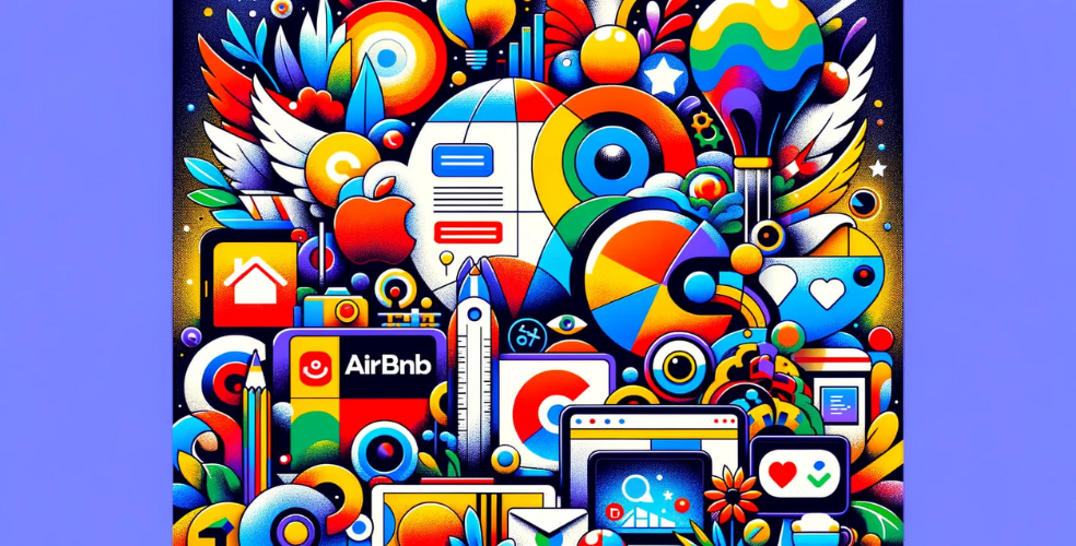 Un'illustrazione vivace e penetrante che mostra un montaggio di case histories di web design di successo. L'immagine dovrebbe contenere elementi iconici di siti Web come Airbnb, Google, Apple e Nike, che rappresentano le loro caratteristiche di design uniche. Questi elementi dovrebbero essere miscelati artisticamente in una composizione coesa e coinvolgente che rifletta la natura innovativa e di grande impatto di questi progetti web. L'estetica complessiva dovrebbe essere moderna e dinamica, evidenziando il potere di trasformazione dell'eccezionale web design nel mondo digitale.