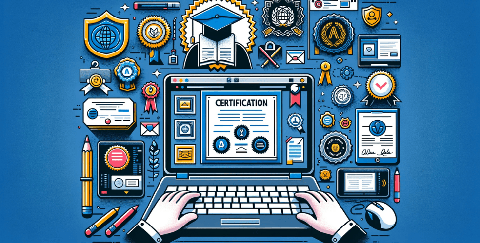 Crea un'immagine che rappresenti 'Certificazioni utili per i web designer'. L'immagine dovrebbe includere simboli di certificazione, come diplomi, badge e sigilli, insieme a elementi di web design come schermi di computer, interfacce di software di progettazione e grafica digitale. Illustrare il concetto di web designer che ottiene certificazioni professionali per migliorare le proprie competenze e prospettive di carriera. Il design dovrebbe trasmettere un senso di sviluppo professionale e di realizzazione nel campo del web design.