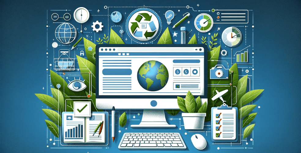 Crea un'immagine che rappresenti visivamente il tema "Condurre un controllo di sostenibilità per il tuo sito web". L'immagine dovrebbe includere elementi come lo schermo di un computer su cui è visualizzato un sito Web, icone ambientali come una foglia o una terra e strumenti analitici come grafici e liste di controllo. Descrivere il concetto di valutazione e miglioramento dell'impatto ambientale di un sito Web, enfatizzando le pratiche ecocompatibili nello spazio digitale. Il design complessivo dovrebbe comunicare l’idea di sostenibilità digitale e di gestione responsabile del web.
