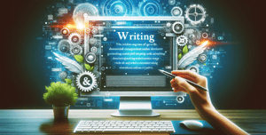 An image symbolizing the synergy between writing and web design. The image should illustrate a harmonious blend of well-written content and visually appealing web design elements. It could feature a computer screen displaying a website with engaging text and an attractive layout, highlighting the impact of good writing on user experience and website effectiveness. The overall theme should reflect creativity, clarity, and a seamless integration of text and design.