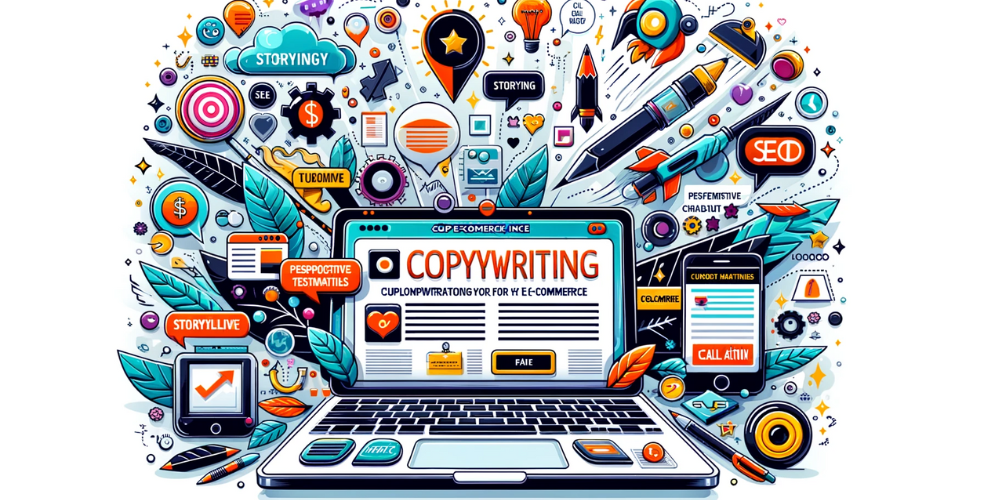 Un'illustrazione accattivante e informativa che descrive il concetto di copywriting per l'e-commerce. L'immagine dovrebbe contenere elementi creativi come un laptop che mostra una pagina di prodotto avvincente, frasi persuasive fluttuanti, un titolo magnetico e un chiaro pulsante di invito all'azione. Incorpora simboli che rappresentano lo storytelling, le testimonianze dei clienti e l'ottimizzazione SEO, evidenziando gli aspetti chiave di un copywriting di successo per l'e-commerce. Il design dovrebbe essere vibrante e dinamico, trasmettendo il potere delle parole nel marketing digitale e nelle vendite online.