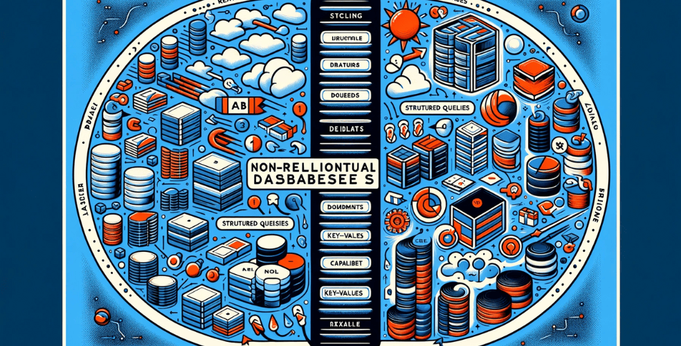 Un'illustrazione visivamente informativa che confronta database relazionali e non relazionali. L'immagine dovrebbe rappresentare in modo creativo due lati contrastanti: un lato che rappresenta i database relazionali con tabelle, righe e colonne strutturate e l'altro lato che illustra i database non relazionali con modelli di dati flessibili come documenti, valori-chiave e grafici. Includi icone o metafore che simboleggiano query strutturate, scalabilità e flessibilità dei dati. La progettazione complessiva dovrebbe comunicare chiaramente le differenze e le caratteristiche uniche di ciascun tipo di database, consentendo agli spettatori di comprenderne facilmente le caratteristiche distintive.