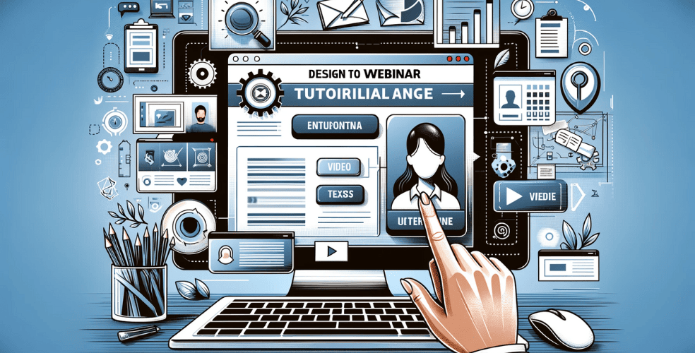 Un'illustrazione avvincente ed educativa che racchiude il concetto di progettazione di una pagina tutorial per webinar. L'immagine dovrebbe presentare un layout di pagina web moderno e pulito con elementi come moduli interattivi, immagini accattivanti e sezioni di testo chiare. Incorpora icone che rappresentano tutorial video, quiz interattivi e navigazione semplice, riflettendo un ambiente di apprendimento online efficace e facile da usare. Il design complessivo dovrebbe trasmettere un senso di innovazione, chiarezza e appeal educativo, sottolineando l'importanza di un buon design nella creazione di pagine tutorial efficaci per webinar.