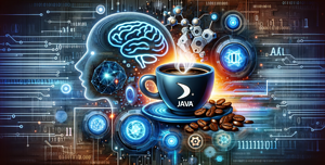 Un'illustrazione dinamica e sofisticata di Java integrato con concetti di intelligenza artificiale. L’immagine dovrebbe contenere un collage che includa il logo di una tazza di caffè Java, reti neurali digitali, codici binari ed elementi di robotica AI, a simboleggiare la sinergia tra Java e AI. Lo sfondo dovrebbe suggerire un'atmosfera digitale con modelli tecnologici astratti e immagini simili a circuiti per rappresentare la natura innovativa e complessa dello sviluppo dell'intelligenza artificiale in Java.