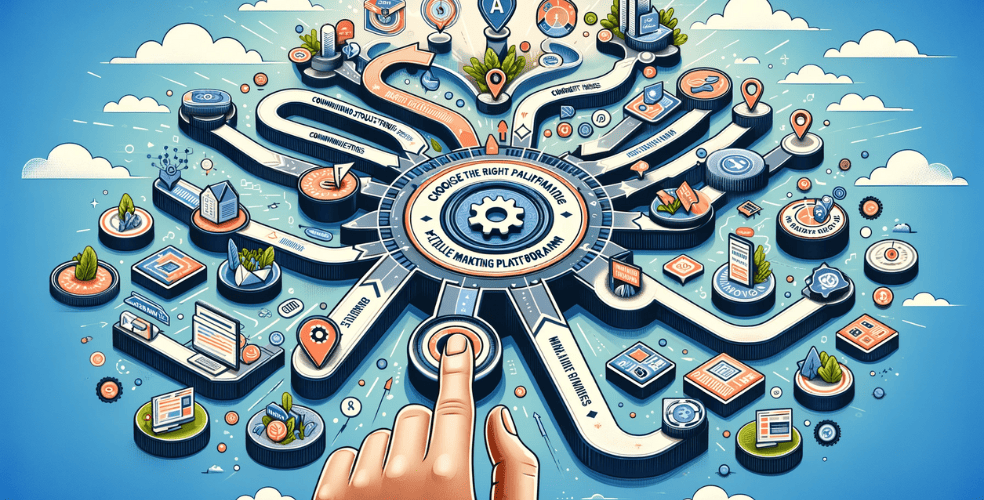 A creative and informative illustration depicting the concept of choosing the right affiliate marketing platform. The image should feature a visual metaphor of different paths leading to various platforms, symbolizing the selection process. Each path can include elements like commission structures, market niches, and digital marketing tools. The overall design should communicate the idea of making a thoughtful and informed decision in the complex world of affiliate marketing, with a blend of business and technological themes.