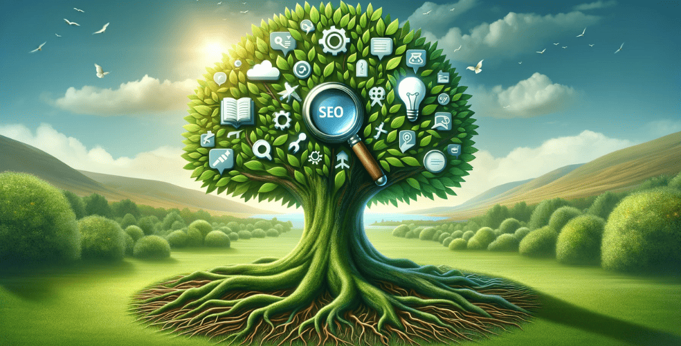 L'immagine rappresenta una metafora artistica del Search Engine Optimization (SEO) sotto forma di un albero rigoglioso con radici ben salde in un paesaggio campestre. Le foglie e i rami dell'albero sono adornati con icone simboliche che rappresentano vari aspetti e strumenti del SEO, come l'ingrandimento, le parole chiave, i collegamenti ipertestuali, i social media e altri elementi di marketing digitale. Al centro dell'albero, spicca un'icona di una lente d'ingrandimento con la scritta "SEO", sottolineando il focus sul miglioramento della visibilità e della ricerca online. Il contesto è sereno con un cielo azzurro, un sole luminoso e una serie di colline verdi che creano una scena pacifica e armoniosa.