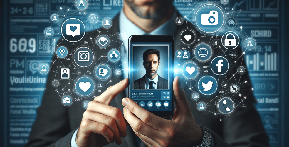 Foto di una persona con in mano uno smartphone, che mostra il proprio profilo di social media sullo schermo, che include un ritratto professionale, con icone di varie piattaforme di social media come Facebook, Twitter, LinkedIn, Instagram che fluttuano intorno. Lo sfondo è un montaggio di diversi elementi di coinvolgimento digitale come Mi piace, condivisioni e commenti, sottolineando il concetto di personal branding online.