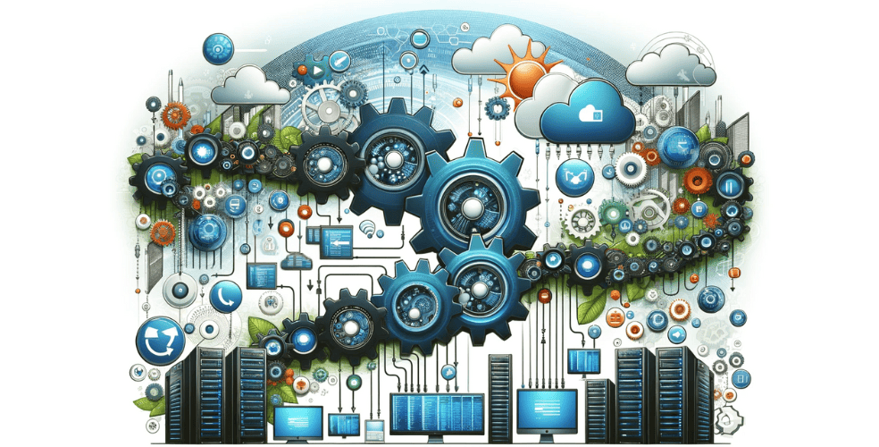 Un'illustrazione dinamica e informativa che cattura l'essenza dell'utilizzo degli strumenti CI/CD in un progetto di sviluppo software. L'immagine dovrebbe rappresentare un flusso continuo di integrazione e distribuzione del codice, simboleggiato da ingranaggi, pipeline e schermi digitali interconnessi che mostrano i processi di distribuzione e test del codice. Includere elementi visivi come rack di server, icone del cloud computing e una rete di computer per rappresentare l'ambiente automatizzato, efficiente e collaborativo promosso dalle pratiche CI/CD. Il design complessivo dovrebbe trasmettere un senso di progresso tecnologico e moderne metodologie di sviluppo del software.