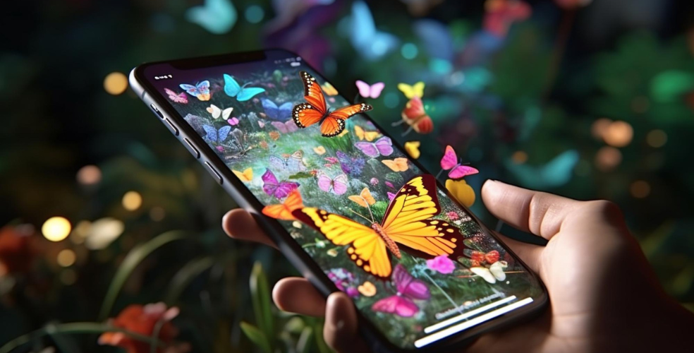 Una mano regge uno smartphone con uno schermo che mostra una grafica vivace e dettagliata di farfalle multicolori su uno sfondo di fiori e vegetazione, che sembrano quasi spiccare il volo fuori dallo schermo. Questa immagine cattura l'essenza di un sito web mobile-friendly, con un design responsive che porta la bellezza della natura direttamente nell'esperienza utente mobile, simboleggiando l'importanza di un'interfaccia utente attraente e facilmente navigabile su dispositivi mobili.