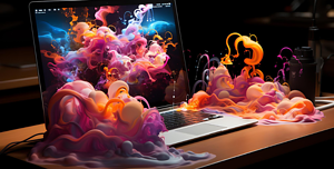 Un vivace flusso di forme e colori sembra emergere da uno schermo di laptop aperto su una scrivania, rappresentando metaforicamente l'innovazione e la creatività nel web design. Le tonalità dinamiche di arancione, rosa, viola e blu si mescolano in un'esplosione di nuvole e anelli che fluttuano nell'aria, simboleggiano l'energia e il movimento costante delle tendenze del web design. L'ambiente di lavoro è illuminato e focalizzato, con un bicchiere e delle cuffie sul lato, suggerendo un ambiente di lavoro contemporaneo e tecnologicamente avanzato.
