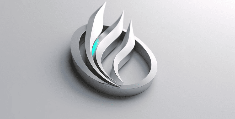 Un elegante logo tridimensionale in argento, composto da tre fiamme o petali stilizzati che si sovrappongono in un design circolare, posto centralmente su uno sfondo neutro, rappresenta il risultato finale di un processo di design ben eseguito.