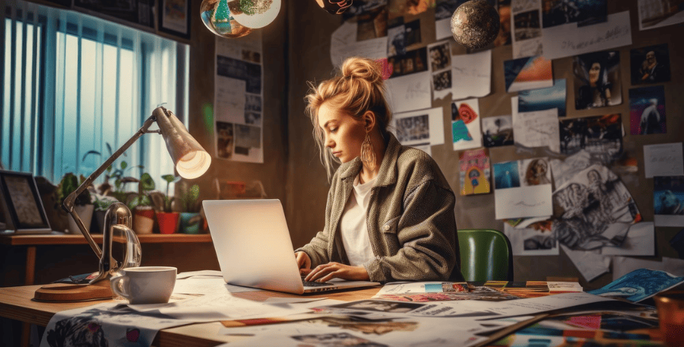 Un'immagine mostra una donna seduta al suo tavolo di lavoro, immersa nella digitazione su un laptop. La stanza è accogliente e piena di carattere, con piante in vaso, fotografie e note appese alle pareti e sospese dal soffitto. La luce naturale filtra attraverso la finestra, mentre una lampada da tavolo aggiunge un calore rassicurante. La donna indossa una giacca casual verde oliva e ha i capelli raccolti in uno chignon disordinato, suggerendo un'atmosfera di concentrazione casual.