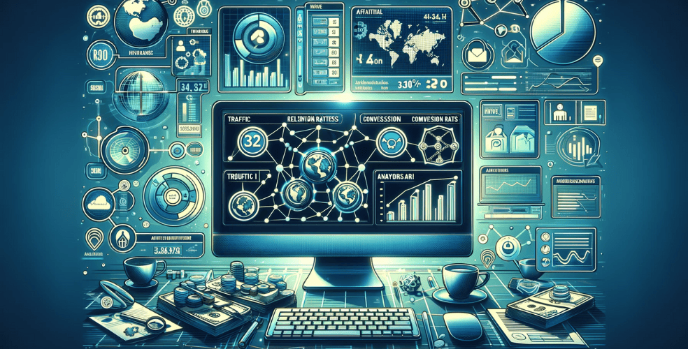 Immagine orizzontale raffigurante il tema dell'analisi dei dati delle campagne di marketing di affiliazione. L'immagine dovrebbe mostrare un ambiente di marketing digitale con elementi come grafici, diagrammi e dati analitici sullo schermo di un computer, evidenziando metriche chiave come traffico, tassi di conversione e ROI. Includi simboli visivi del marketing di affiliazione come link di riferimento, tassi di commissione e una rete interconnessa, sottolineando l'analisi strategica dei dati della campagna di affiliazione.