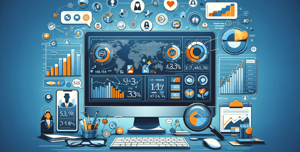 Immagine orizzontale raffigurante il concetto di interpretazione dei dati demografici nei social media per strategie di marketing. L'immagine dovrebbe illustrare un ambiente di marketing digitale, caratterizzato da uno schermo di computer con analisi dei social media, grafici che mostrano la distribuzione per età e genere, una mappa del mondo che evidenzia posizioni geografiche e icone che rappresentano interessi e comportamenti. L'immagine dovrebbe trasmettere l'importanza di comprendere e utilizzare i dati demografici per personalizzare efficacemente le campagne di marketing nelle piattaforme di social media.