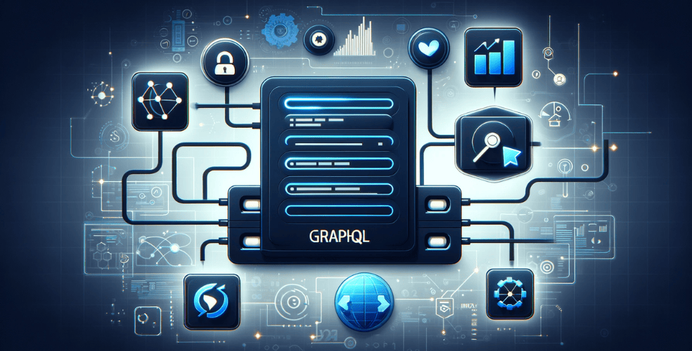 Immagine orizzontale che illustra il concetto di utilizzo di GraphQL in un progetto. L'immagine dovrebbe rappresentare un tema moderno e tecnologico, con elementi come un server, una rappresentazione grafica di un flusso di query e risposte e simboli che rappresentano dati e interazioni API. Sottolinea la natura innovativa ed efficiente di GraphQL nella gestione e nell'interrogazione dei dati in un contesto di progetto.