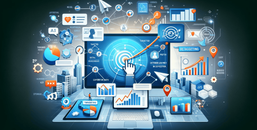 Immagine orizzontale che rappresenta il concetto di utilizzo del retargeting per aumentare le conversioni nel marketing digitale. L'immagine dovrebbe rappresentare un ambiente di marketing con elementi visivi come annunci mirati, analisi dei dati, mappe del percorso del cliente e metriche di conversione. Includi simboli che rappresentano il processo strategico di retargeting, come frecce mirate, diagrammi a imbuto e schermi digitali che mostrano il coinvolgimento degli utenti. L'immagine deve trasmettere l'idea di convertire efficacemente i potenziali clienti in clienti effettivi attraverso strategie di marketing mirate.