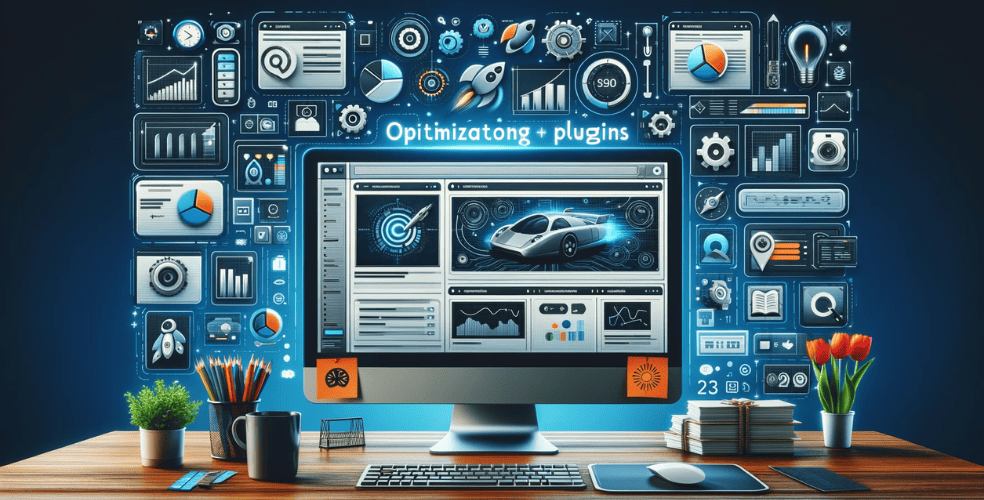 Horizontal image representing the concept of optimizing images using plugins. The image should depict a digital workspace with visual elements like a computer screen displaying image editing software, plugin icons, and optimized images. Include visual metaphors for speed, efficiency, and high-quality image processing, conveying the idea of enhanced website performance and user experience through image optimization plugins.