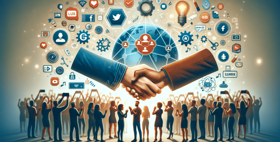 Immagine orizzontale che descrive il concetto di influencer marketing come vantaggioso per le aziende. L'immagine dovrebbe mostrare una collaborazione di successo tra un marchio e un influencer, simboleggiata da una stretta di mano o da un accordo di partnership, con elementi come icone dei social media, loghi del marchio e pubblico coinvolto sullo sfondo, illustrando i vantaggi reciproci e la maggiore visibilità del marchio.