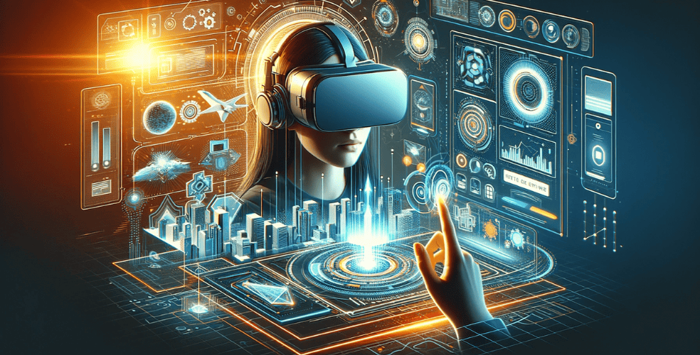 Immagine orizzontale che mostra il concetto di realtà virtuale nel futuro del web design. L'immagine dovrebbe rappresentare un ambiente web futuristico e coinvolgente, con un utente che indossa un visore VR e interagisce con il layout tridimensionale del sito web. Includi elementi come interfacce olografiche, grafica coinvolgente e un'estetica moderna e guidata dalla tecnologia per rappresentare l'integrazione della realtà virtuale nel web design.