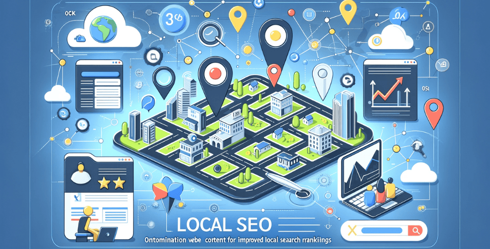 Immagine orizzontale che rappresenta il concetto di SEO locale per progetti web. L'immagine dovrebbe rappresentare una mappa digitale che evidenzi le attività commerciali locali, con icone per Google My Business, recensioni online e parole chiave locali. Includi elementi visivi come barre di ricerca con query di ricerca locale e grafici che mostrano classifiche di ricerca locali migliorate. L'immagine dovrebbe trasmettere l'importanza di ottimizzare i contenuti web per il pubblico locale per migliorare la visibilità online e attirare clienti locali.