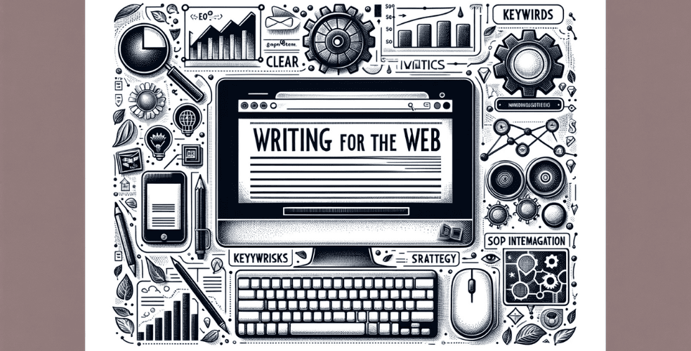 Immagine orizzontale che mostra il concetto di scrittura per il web. L'immagine dovrebbe rappresentare un ambiente di scrittura digitale, caratterizzato da uno schermo di computer con un editor di testo, strumenti SEO e dati analitici. Includere elementi visivi che rappresentano parole chiave, scrittura chiara e concisa e integrazione multimediale come immagini e video. Sottolinea la combinazione di creatività e strategia nella scrittura web, sottolineandone l'importanza nel coinvolgere e informare il pubblico online.