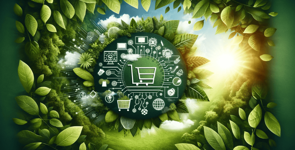 Immagine orizzontale che illustra il concetto di sostenibilità nell'e-commerce. L’immagine dovrebbe rappresentare una miscela armoniosa di natura e tecnologia, a simboleggiare l’equilibrio tra responsabilità ambientale e commercio digitale. Includere elementi come uno sfondo verde e frondoso unito a elementi dello shopping digitale, come carrelli della spesa o espositori di prodotti, per trasmettere l'idea di pratiche di e-commerce rispettose dell'ambiente.