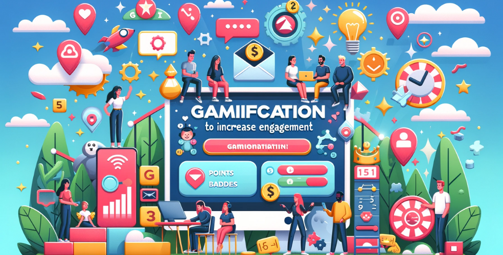 Immagine orizzontale che illustra il concetto di gamification per aumentare il coinvolgimento. L'immagine dovrebbe rappresentare un ambiente digitale coinvolgente e interattivo, con elementi come meccaniche di gioco (punti, badge, classifiche), personaggi animati e un'atmosfera vivace e divertente. Ciò dovrebbe rappresentare l’integrazione di elementi di gamification nei siti Web o nelle app per migliorare il coinvolgimento e l’interazione degli utenti.