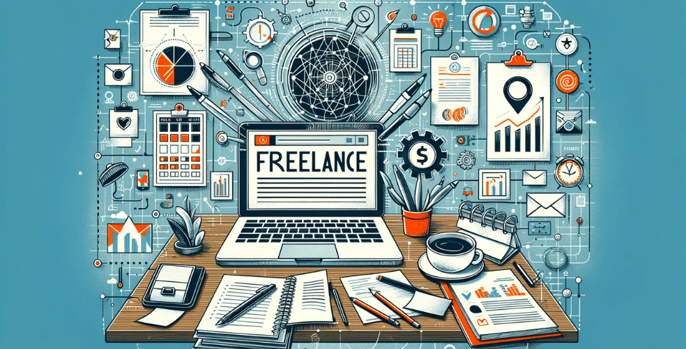 Immagine orizzontale che rappresenta il concetto di creazione di un'attività freelance. L'immagine dovrebbe illustrare uno spazio di lavoro dinamico per freelance con elementi come laptop, calendario e documenti del piano aziendale. Includi elementi visivi come un design creativo del logo, strumenti di marketing digitale e una rete di connessioni professionali che simboleggiano i vari aspetti della creazione di una carriera freelance di successo. Il progetto dovrebbe trasmettere l'idea di un ambiente aziendale freelance organizzato, professionale e autonomo.