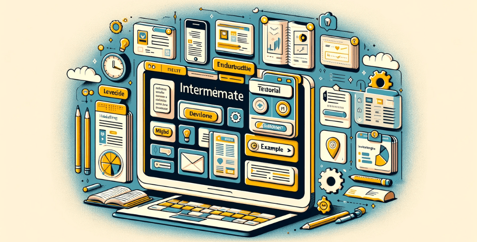 Immagine orizzontale che rappresenta il concetto di progettazione di una pagina di tutorial di livello intermedio. L'immagine deve illustrare un layout tutorial coinvolgente e informativo con titoli chiari, sezioni di testo, riquadri di esempio ed elementi interattivi come quiz o esercizi pratici. Visualizza uno schermo con un'interfaccia tutorial ben organizzata e intuitiva, enfatizzando la fornitura di contenuti educativi. La progettazione complessiva dovrebbe trasmettere l'idea di un'esperienza di apprendimento strutturata e coinvolgente, adatta a studenti di livello intermedio.