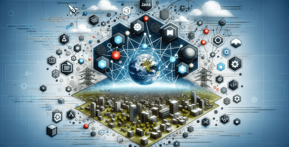 Un'immagine orizzontale accattivante che rappresenta visivamente il concetto di microservizi in Java. L'immagine deve rappresentare elementi associati alla programmazione Java, come il logo Java, frammenti di codice e rappresentazioni visive dell'architettura dei microservizi, come nodi o servizi interconnessi. Inoltre, includi immagini astratte che suggeriscano modularità, scalabilità e sistemi distribuiti, caratteristiche essenziali dei microservizi. Il design complessivo dovrebbe essere moderno e tecnico, riflettendo la natura avanzata dell'architettura dei microservizi nello sviluppo del software.