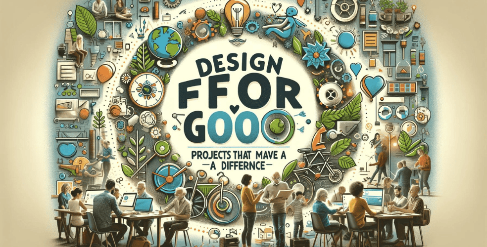 Un'immagine orizzontale che rappresenta il concetto "Design for Good: progetti che fanno la differenza". L'immagine dovrebbe rappresentare un gruppo eterogeneo di persone che lavorano in collaborazione su un progetto di design sostenibile e inclusivo. Includere elementi visivi come materiali ecologici, tecnologia accessibile e soluzioni di design innovative che significano un impatto sociale e ambientale positivo. L’atmosfera dovrebbe essere quella della creatività, della cooperazione e dell’ottimismo, evidenziando il potere di trasformazione del design nel fare una differenza positiva nella società e nell’ambiente.