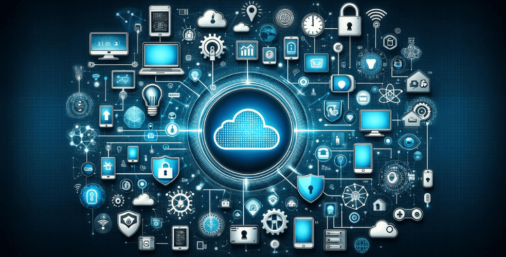 Un'immagine orizzontale che rappresenta il tema "Internet delle cose e sicurezza dei dati". L’immagine dovrebbe rappresentare una rete di dispositivi IoT interconnessi come elettrodomestici intelligenti, dispositivi indossabili e sensori industriali, tutti collegati a un cloud centrale che simboleggia l’archiviazione e il trasferimento dei dati. Includere elementi visivi come scudi di sicurezza o serrature per rappresentare la sicurezza dei dati, enfatizzando il concetto di protezione delle informazioni sensibili nella rete IoT. Il design complessivo dovrebbe trasmettere un mondo high-tech e interconnesso con una forte attenzione alla sicurezza e alla privacy.