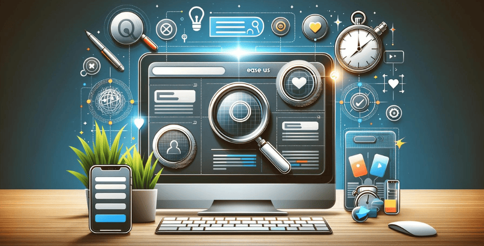 Un'immagine orizzontale che rappresenta il concetto di design di un sito Web intuitivo. L'immagine mostra il layout di un sito web elegante e moderno sullo schermo di un computer, circondato da icone che rappresentano la facilità d'uso, come una lente di ingrandimento per la funzionalità di ricerca, elementi di design reattivi che si adattano a diversi dispositivi e un cronometro per tempi di caricamento rapidi. L'atmosfera generale dovrebbe essere pulita, professionale e orientata alla tecnologia, con una combinazione di colori brillante e invitante, che enfatizzi l'accessibilità e il coinvolgimento dell'utente.