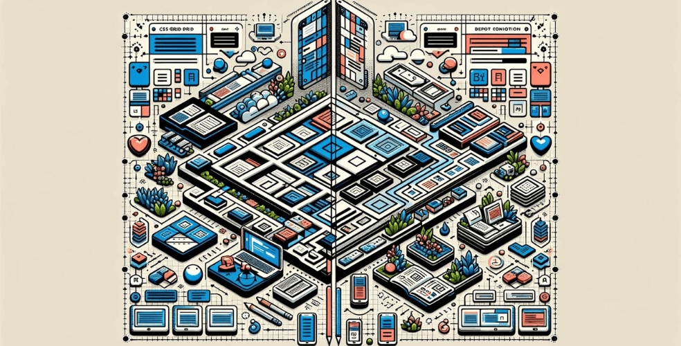 Illustrazione dettagliata che confronta CSS Grid e Flexbox, con icone e blocchi di layout rappresentativi delle tecnologie di layout CSS.