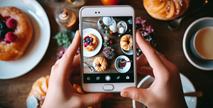 Una persona scatta una foto con uno smartphone di un tavolo da colazione colorato per creare contenuti attraenti per il marketing su Instagram.