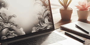 Schermo di laptop mostrante un complesso design astratto, simboleggiante la creatività nel design di un sito web user-friendly.