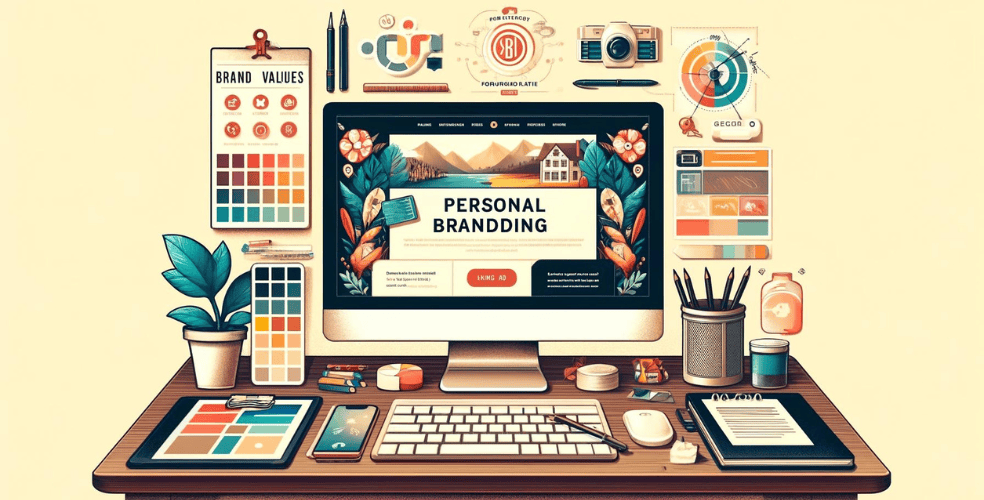 Crea un'immagine orizzontale che rappresenti visivamente il concetto di personal branding per i web designer. L'immagine dovrebbe rappresentare uno spazio di lavoro creativo con un computer su cui è visualizzato un sito Web portfolio dal design accattivante. Intorno al computer, includi elementi come un blocco note con i valori del marchio, tavolozze di colori e schizzi ispiratori, che simboleggiano il processo di costruzione di un marchio personale nel settore del web design.