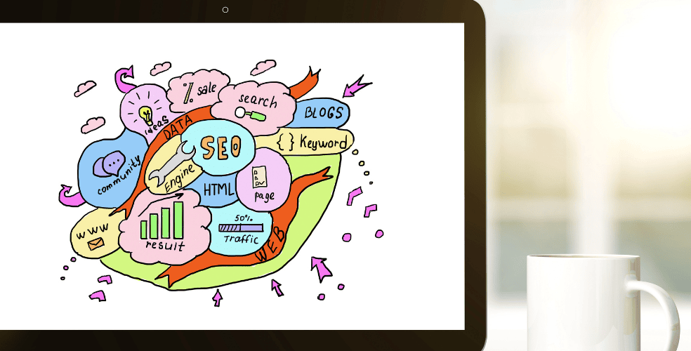 Schermo di laptop che mostra un'illustrazione colorata di vari elementi di web design e SEO, come parole chiave e traffico web, suggerendo il processo creativo e strategico dietro una carriera nel web design.