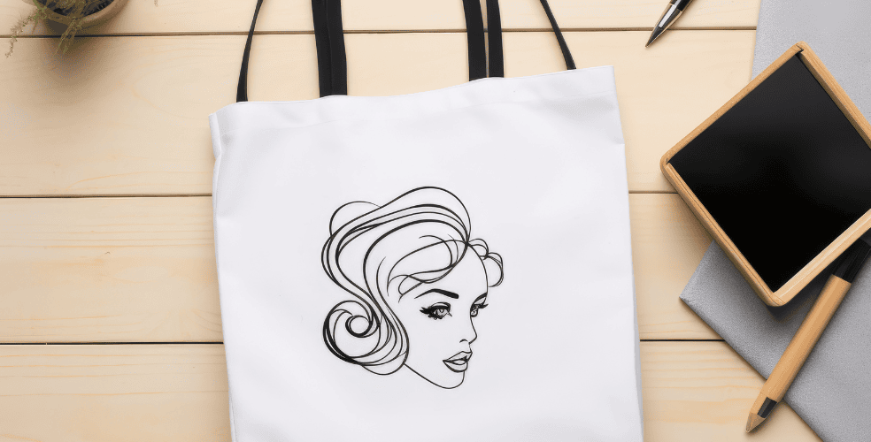 Una borsa di tela con una stampa grafica di un viso femminile appoggiata su un tavolo di legno accanto a una lavagna e una penna, simboleggiando la creazione di mockup fisici per progetti di design.