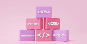 Cubetti impilati che portano etichette di linguaggi di programmazione come HTML, Python, CSS, JavaScript e PHP su uno sfondo rosa, simbolizzando i blocchi di costruzione del web design e la potenzialità del CSS.