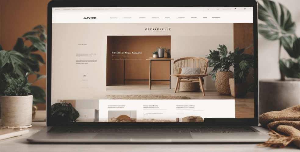 Schermo di un laptop che mostra un elegante sito web di interior design, esemplificando come l'aggiornamento costante può portare a realizzazioni web moderne e stilisticamente avanzate.
