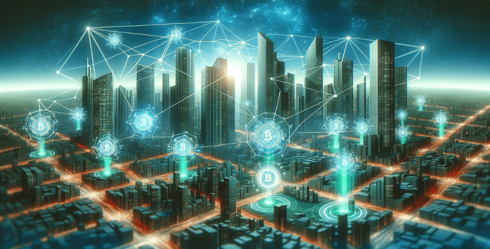 Un paesaggio digitale che mostra una città futuristica con edifici alti ed eleganti interconnessi da flussi di dati ed elementi olografici, che simboleggiano una rete integrata con la tecnologia blockchain. La scena è immersa in una morbida luce blu e verde, che riflette i temi dell'innovazione e della sicurezza. L'immagine dovrebbe essere ampia e catturare l'ampia portata di questo mondo digitale.