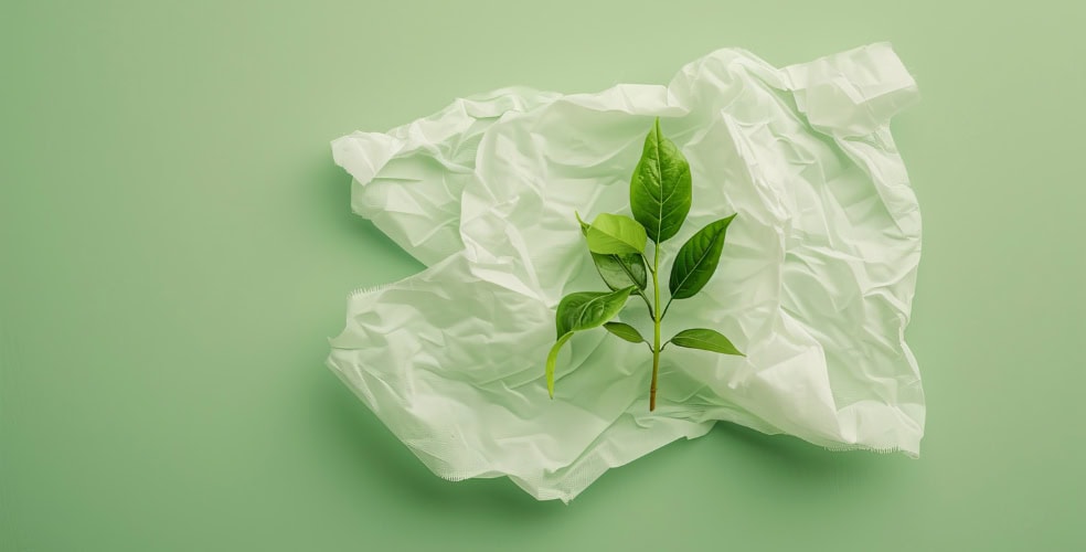 Pianta verde su una superficie di plastica bianca rugosa su sfondo verde, simbolo della sostenibilità nel settore del web design.