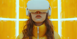 Donna che indossa un visore VR in un ambiente futuristico di colore giallo, rappresentazione delle tendenze future nel web design.