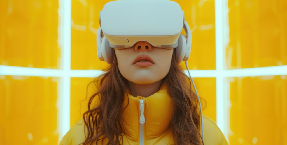 Donna che indossa un visore VR in un ambiente futuristico di colore giallo, rappresentazione delle tendenze future nel web design.